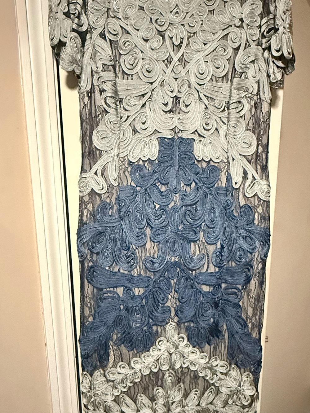 JS Collections Lace Overlay Midi Dress in Blue and White